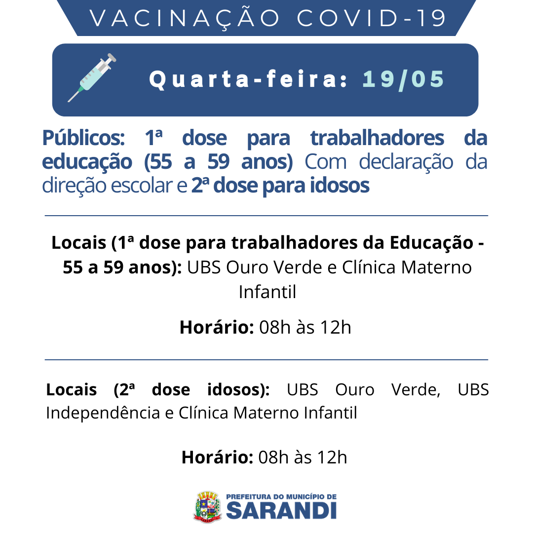 Cronograma de Vacinação contra Covid-19 - Quarta-feira - 19/05/2021